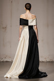 Black and White Patchwork Satin A Line Off the Shoulder Long Formal Dress