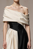 Black and White Patchwork Satin A Line Off the Shoulder Long Formal Dress
