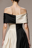 Black and White Patchwork Satin A Line Off the Shoulder Long Formal Dress