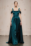 Peacock Blue A Line Cold Shoulder Satin Long Formal Dress