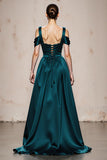 Peacock Blue A Line Cold Shoulder Satin Long Formal Dress