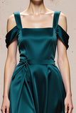 Peacock Blue A Line Cold Shoulder Satin Long Formal Dress