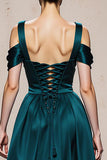 Peacock Blue A Line Cold Shoulder Satin Long Formal Dress