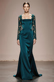 Peacock Blue Mermaid Satin Square Neck Lace Long Formal Dress
