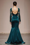 Peacock Blue Mermaid Satin Square Neck Lace Long Formal Dress