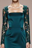 Peacock Blue Mermaid Satin Square Neck Lace Long Formal Dress