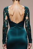 Peacock Blue Mermaid Satin Square Neck Lace Long Formal Dress