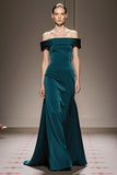 Peacock Blue Sheath Off the Shoulder Long Satin Formal Dress