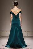 Peacock Blue Sheath Off the Shoulder Long Satin Formal Dress