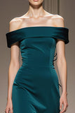 Peacock Blue Sheath Off the Shoulder Long Satin Formal Dress