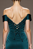 Peacock Blue Sheath Off the Shoulder Long Satin Formal Dress