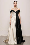 Black and White Sweetheart A Line Satin Off the Shoulder Long Formal Dress