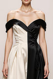 Black and White Sweetheart A Line Satin Off the Shoulder Long Formal Dress
