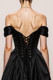 Black and White Sweetheart A Line Satin Off the Shoulder Long Formal Dress
