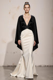 Black and White Mermaid Patchwork Satin V-Neck Maxi Formal Dress with Sleeves