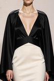 Black and White Mermaid Patchwork Satin V-Neck Maxi Formal Dress with Sleeves