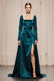 Peacock Blue Satin Square Neck Sheath Long Sleeves Formal Dress with Slit