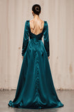 Peacock Blue Satin Square Neck Sheath Long Sleeves Formal Dress with Slit
