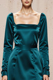 Peacock Blue Satin Square Neck Sheath Long Sleeves Formal Dress with Slit
