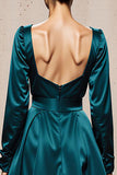 Peacock Blue Satin Square Neck Sheath Long Sleeves Formal Dress with Slit