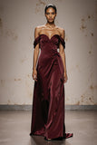 Burgundy Satin Off the Shoulder Sheath Sweetheart Maxi Formal Dress