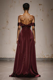 Burgundy Satin Off the Shoulder Sheath Sweetheart Maxi Formal Dress