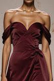 Burgundy Satin Off the Shoulder Sheath Sweetheart Maxi Formal Dress
