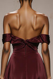 Burgundy Satin Off the Shoulder Sheath Sweetheart Maxi Formal Dress
