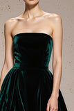 Dark Green Strapless Velvet A Line Long Holiday Party Dress with Slit