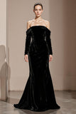 Black Mermaid Off the Shoulder Backless Velvet Long Sleeves Holiday Party Dress
