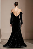 Black Mermaid Off the Shoulder Backless Velvet Long Sleeves Holiday Party Dress