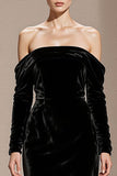 Black Mermaid Off the Shoulder Backless Velvet Long Sleeves Holiday Party Dress