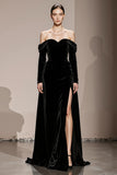 Black Velvet Off the Shoulder Long Sleeves Sheath Holiday Party Dress with Slit