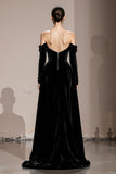 Black Velvet Off the Shoulder Long Sleeves Sheath Holiday Party Dress with Slit