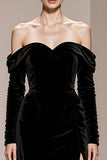 Black Velvet Off the Shoulder Long Sleeves Sheath Holiday Party Dress with Slit