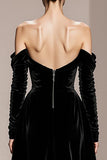 Black Velvet Off the Shoulder Long Sleeves Sheath Holiday Party Dress with Slit