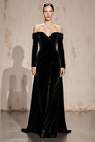 Black Off the Shoulder Sheath Long Sleeves Velvet Holiday Party Dress