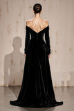 Black Off the Shoulder Sheath Long Sleeves Velvet Holiday Party Dress