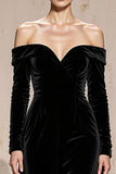 Black Off the Shoulder Sheath Long Sleeves Velvet Holiday Party Dress