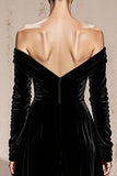 Black Off the Shoulder Sheath Long Sleeves Velvet Holiday Party Dress