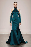 Peacock Green Satin Halter Mermaid Long Formal Dress