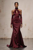 Burgundy Halter Mermaid Satin Long Formal Dress with Sleeves