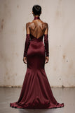 Burgundy Halter Mermaid Satin Long Formal Dress with Sleeves
