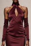 Burgundy Halter Mermaid Satin Long Formal Dress with Sleeves
