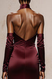 Burgundy Halter Mermaid Satin Long Formal Dress with Sleeves
