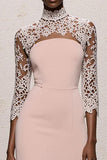 Simple Light Pink High Neck Maxi Formal Dress with Lace