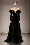 Black Velvet Off the Shoulder A Line Maxi Formal Dress with Sleeves
