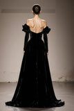 Black Velvet Off the Shoulder A Line Maxi Formal Dress with Sleeves