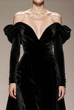 Black Velvet Off the Shoulder A Line Maxi Formal Dress with Sleeves