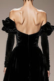 Black Velvet Off the Shoulder A Line Maxi Formal Dress with Sleeves